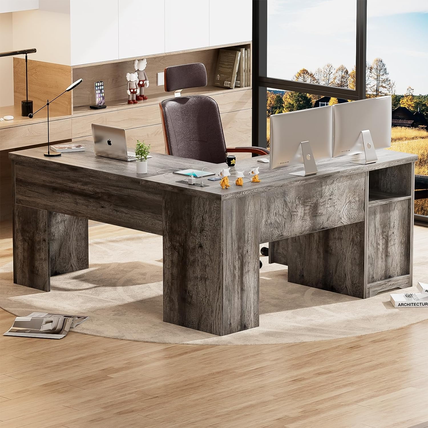 Homieasy L Shaped Desk with Power Outlets and USB Charging Ports, Lift Top Corner Computer Desk with Drawer, Large Office Desk with Storage Shelves, L Shaped Standing Desk for Home Office, Black Oak