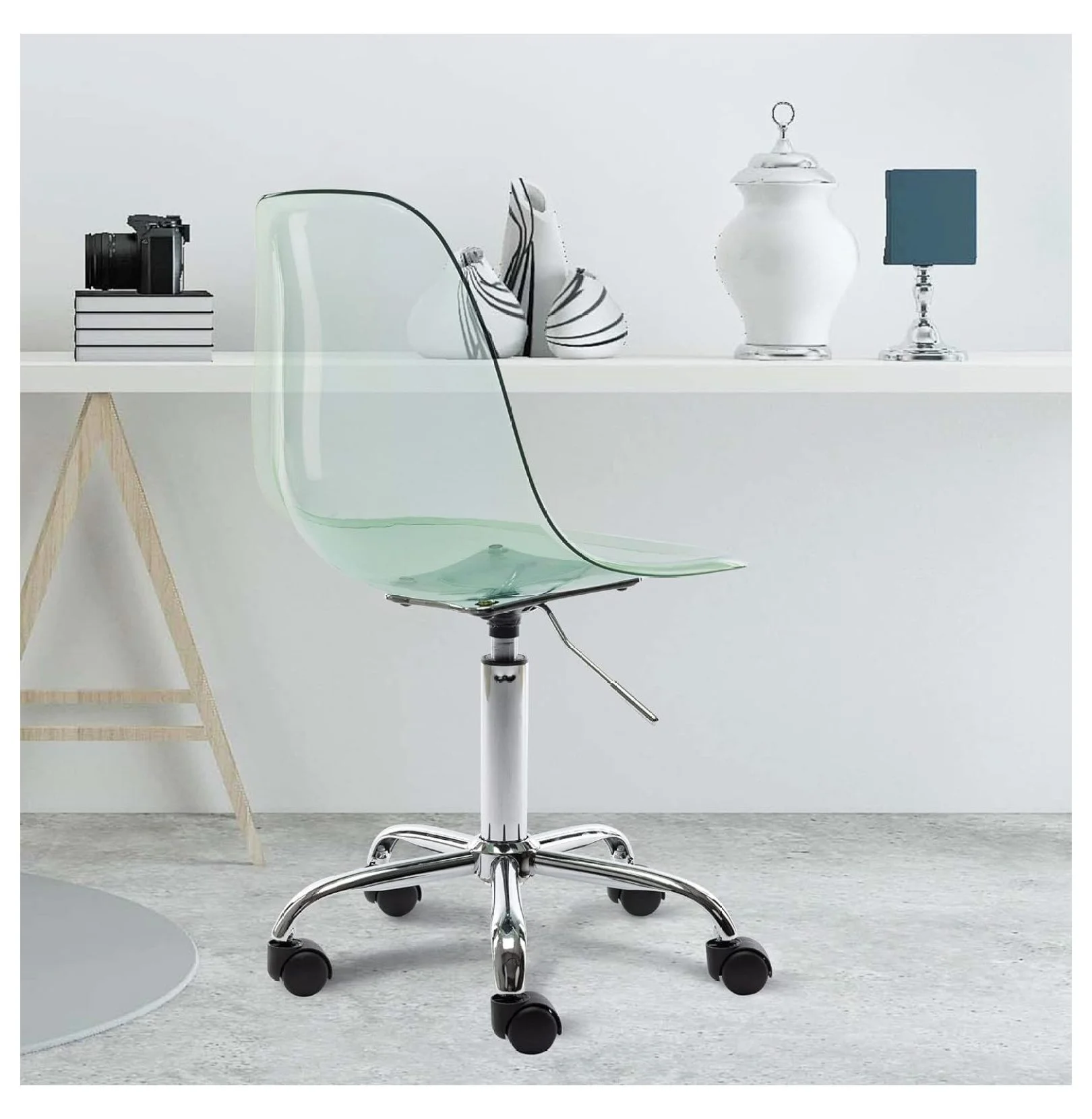 Echoworld Clear Rolling Chair, Armless Desk Chair with Golden Feet Swivel Molded Plastic Shell Adjustable Home Office Chair with Wheels, Clear