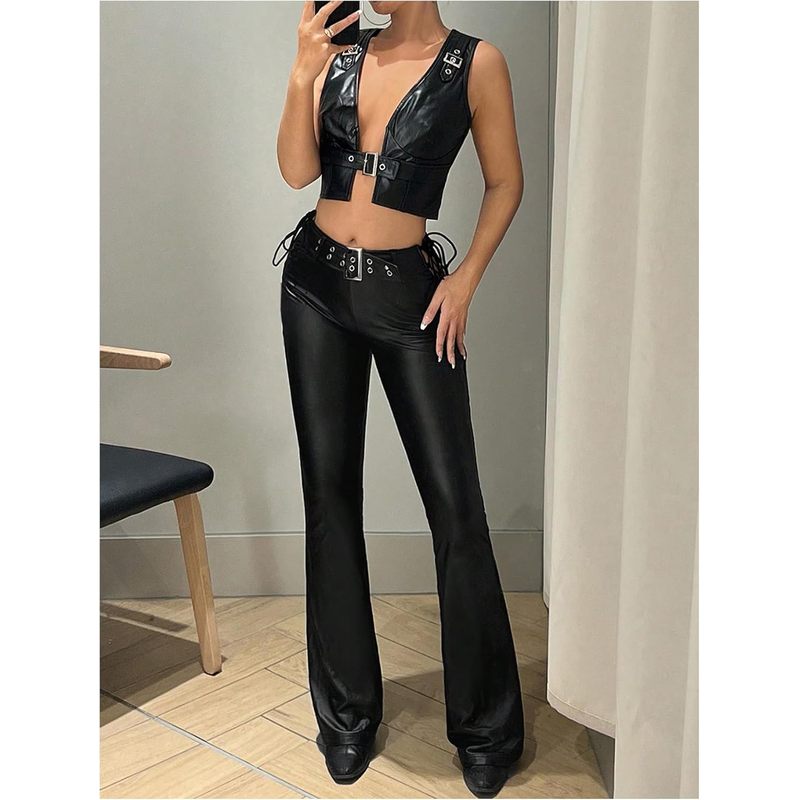 Women's Faux Leather Flare Pants Lace