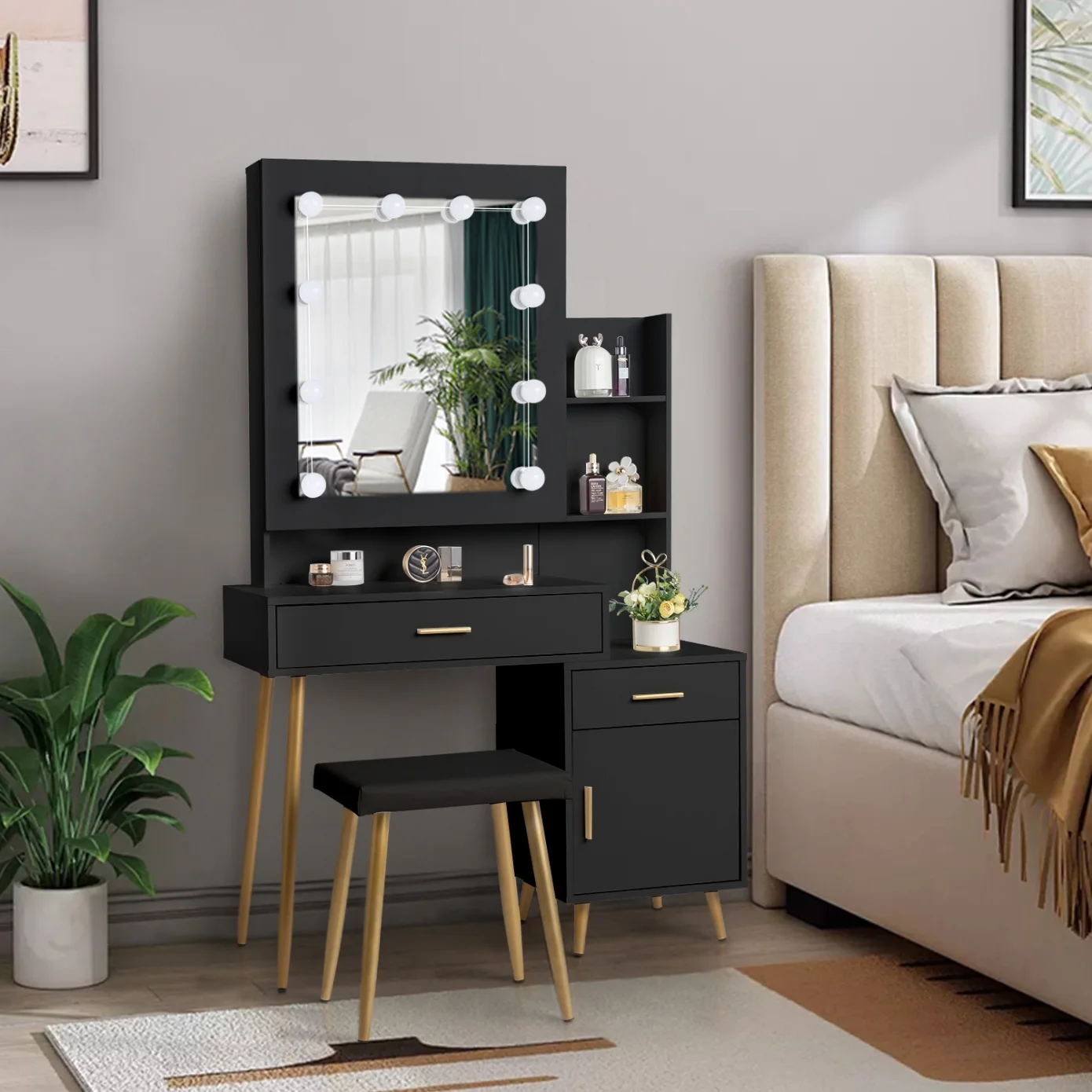 Black Bedroom Makeup Vanity Set, Vanity Desk with Light, Mirror and Cushioned Stool, Modern Makeup Dressing Table for Girls, Wife, Daughter, Mother, Adjustable Light Brightness