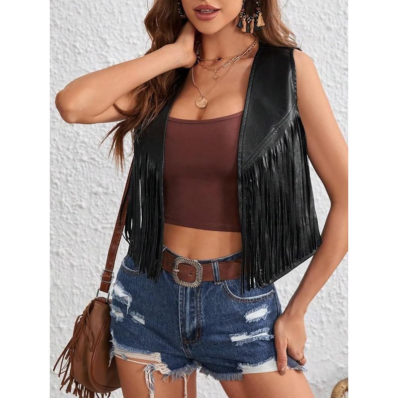 Women's Tassel Vest 70s Hippie Vest Sleeveless PU Fringe