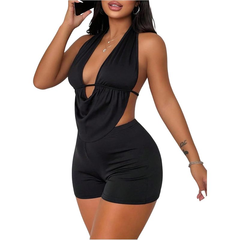 Women's 2 Piece Outfits Tie Backless Halter Top and Shorts Set