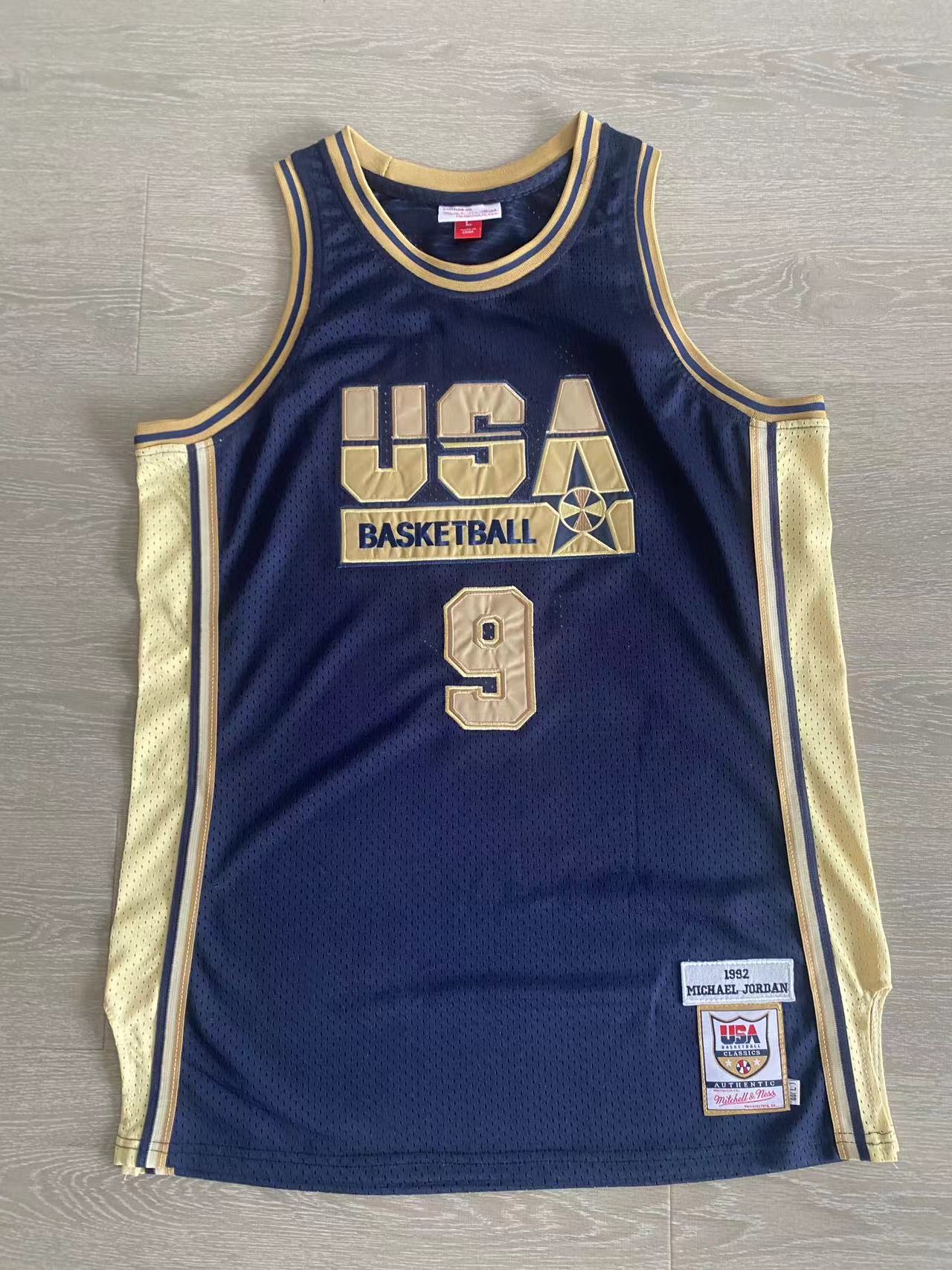 MItchell&ness Dream Team 9# Jordan AU dense embroidery blue clothes with gold letters