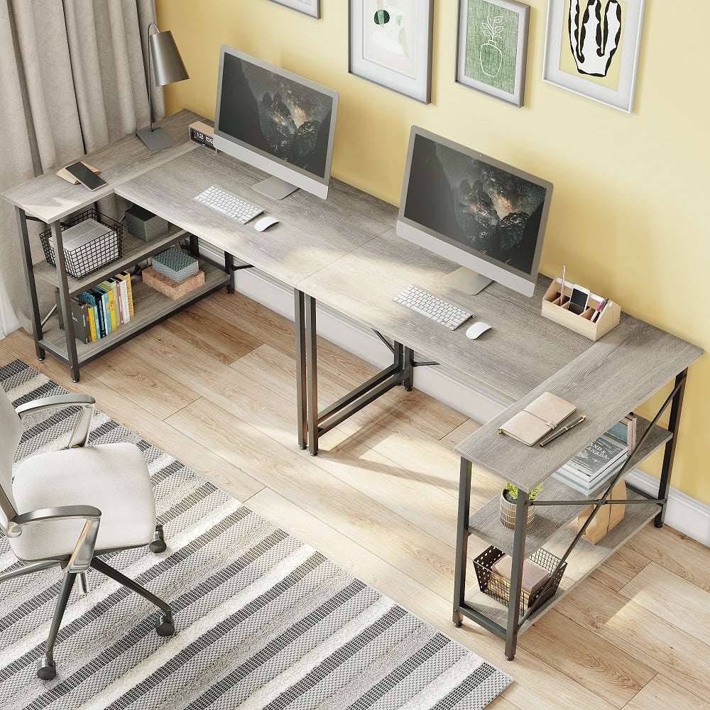 Bestier 47 inch Corner L-Shaped Desk with Storage Shelves Writing Desk Wash Grey