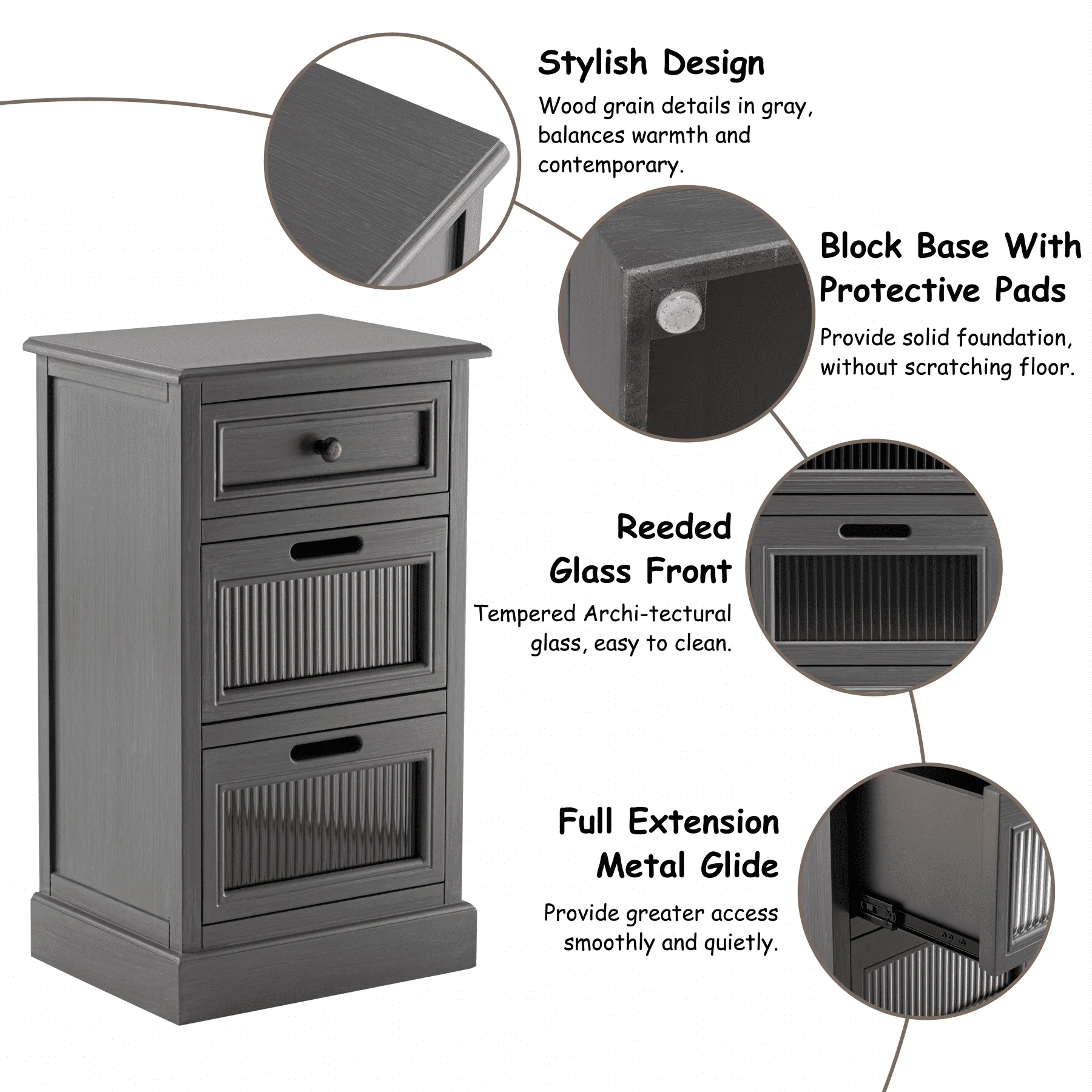 COZAYH Mid Century Modern Nightstand, Fully Assembled Nightstand with 3 Reeded Glass Front Drawers, Distressed Gray Nightstand with Antique Brass Knob and Metal Glide, 27.5�?Tall