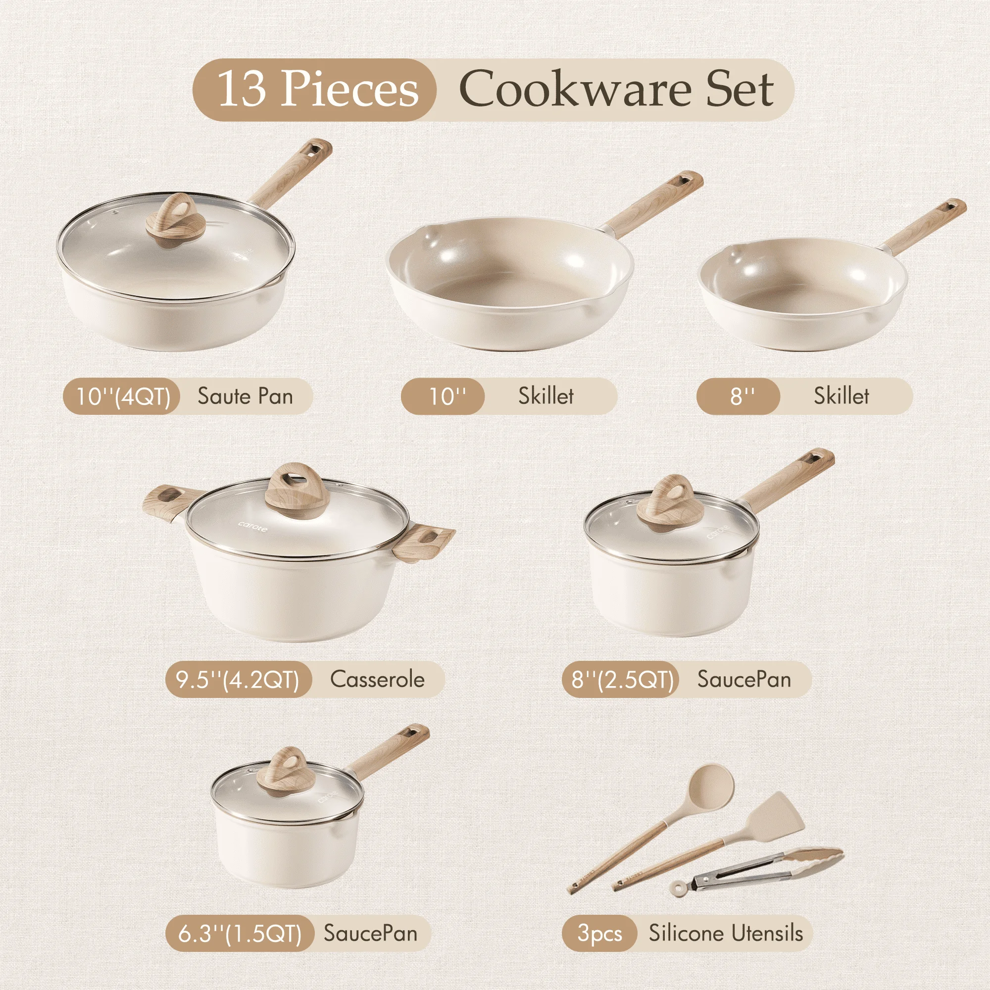 Carote Nonstick Pots and Pans Set, 13 Pieces Kitchen Cookware Sets Compatible for All Stoves, White Granite
