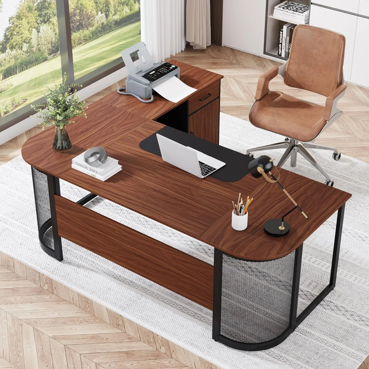 Tribesigns Executive L Shaped Office Desk with Drawer Cabinet, Brown/Black