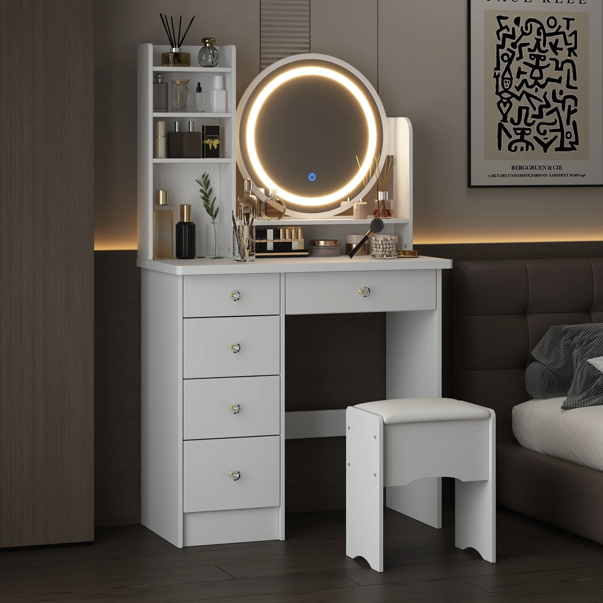 KULAGAGA Vanity Table Set with Light Mirror, Makeup Table with 3 Storage Shelves & 5 Drawers, Dressing Vanity Tables with , Dresser Desk for Girls, Women, White