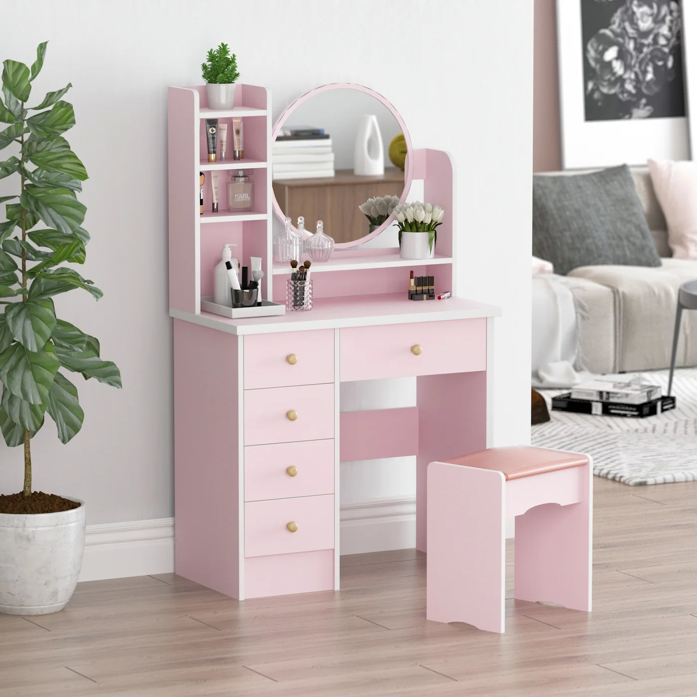 OXYLIFE Makeup Vanity Desk Table with Sliding LED Lighted Mirror, Cushion Stool, 4 Drawers and Shelves, White+Gray
