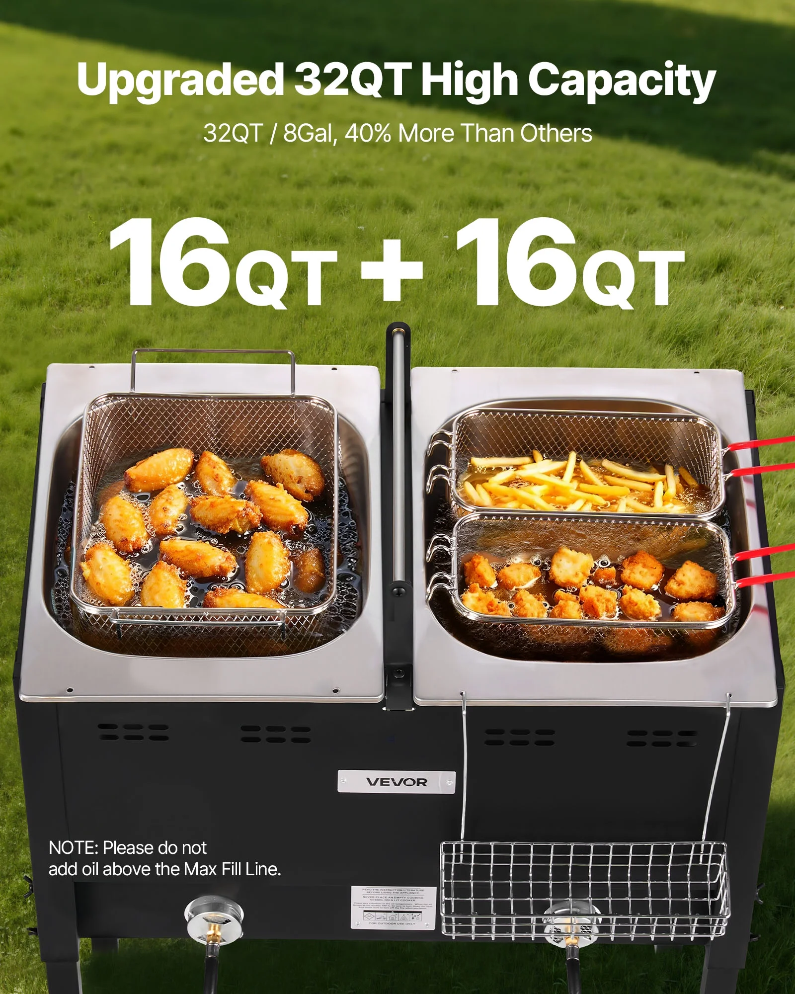 VEVOR Outdoor Propane Deep Fryer, Dual-Tank 16QTx2 Large Capacity Commercial Fryer,Stainless Steel Fish Cooker with 3 Basket,Temperature Gauge,Floor Standing Fryers for Catering Event Camping,50,000 BTU