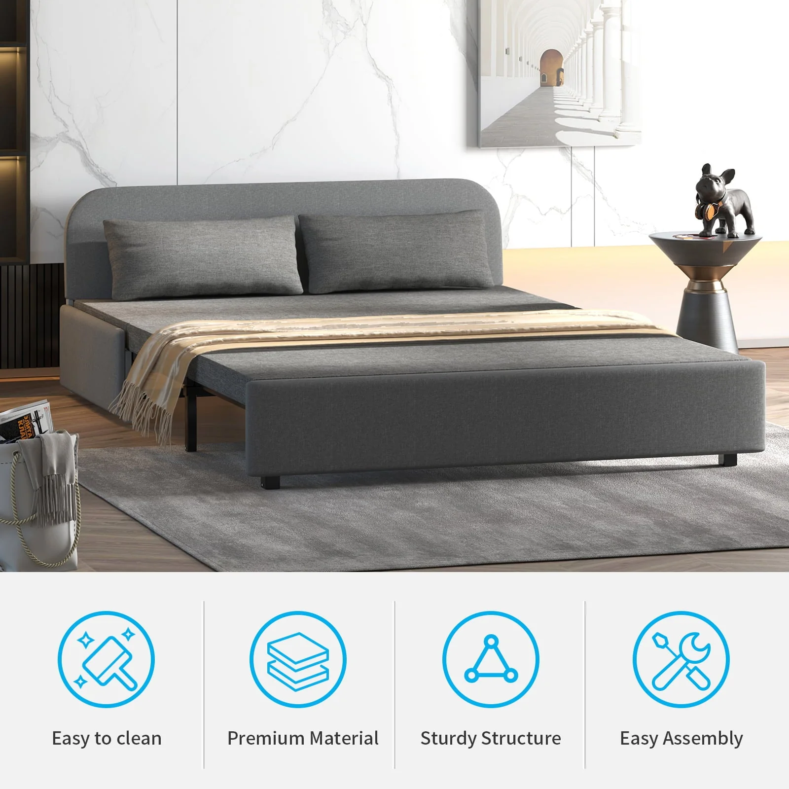 MUZZ Modern Twin Size Pull Out Convertible Sofa Bed,Reverible Linen Sofa Bed with 2 Pilliows and Matress,Sleeper Sofa Couch for Small Place/Apartment/Living Room/Bedroom (Dark Gray)