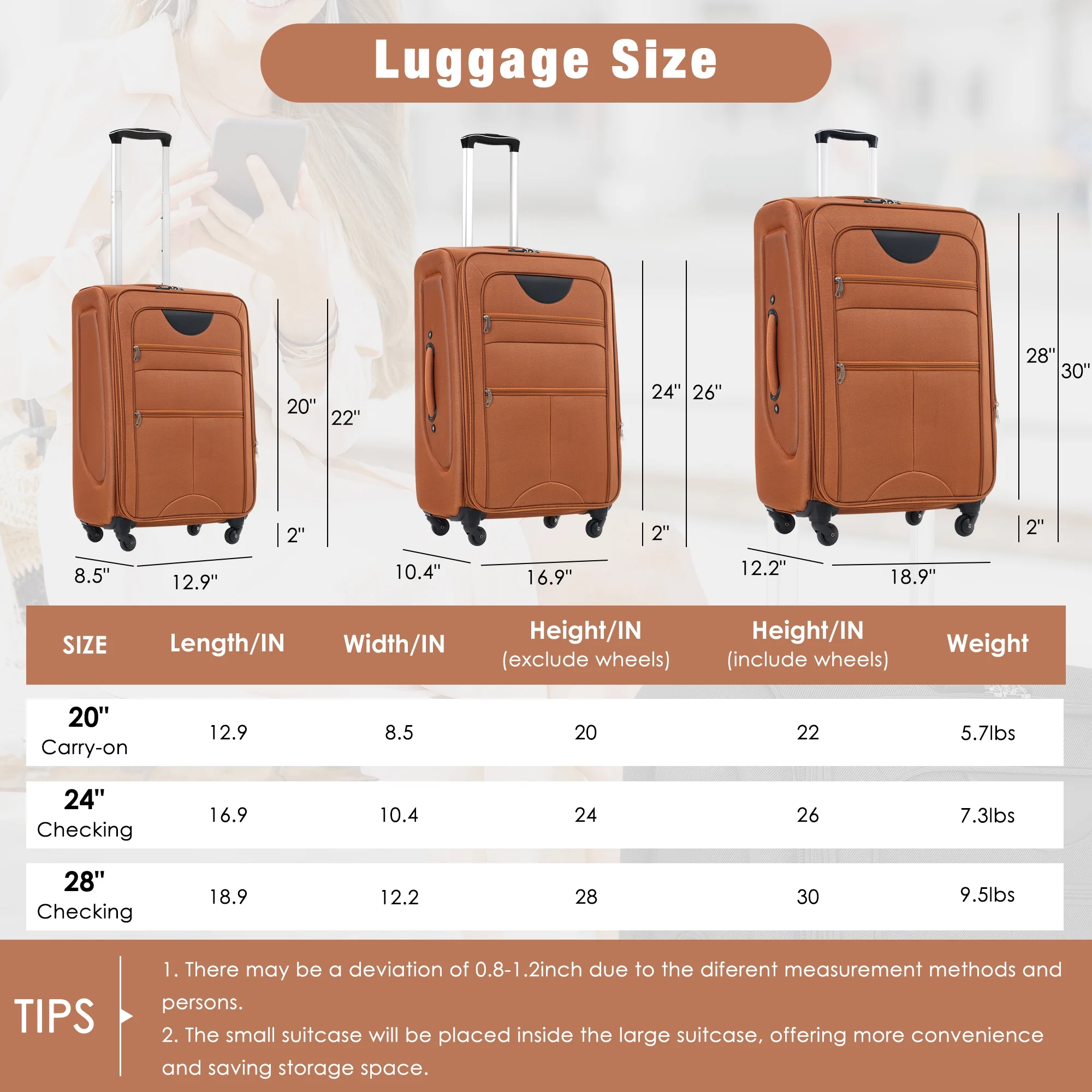 EUROCO 3 Piece Softside Luggage Set,Expandable Suitcase Set with TSA Lock and Spinner Wheels,Lightweight Suitcase for Men Women(20