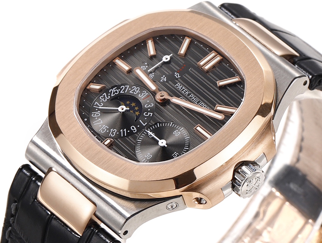 【Super Clone】Patek Philippe Nautilus Moon Phases Rose & White Gold Slate Grey Dial 5712GR 001
