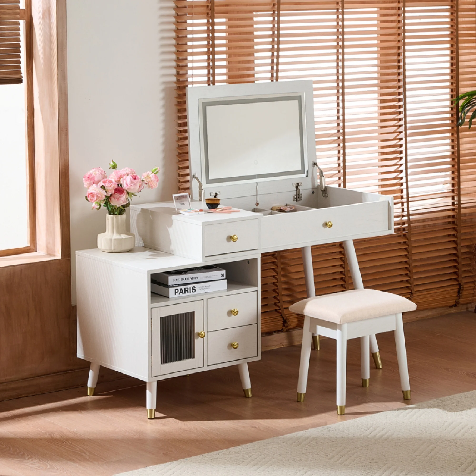 3-in-1 Vanity Desk with Lighted Flip-Top Mirror & Adjustable Cabinet, Makeup Dressing Table with Stool, Dresser with Drawers for Bedroom, White
