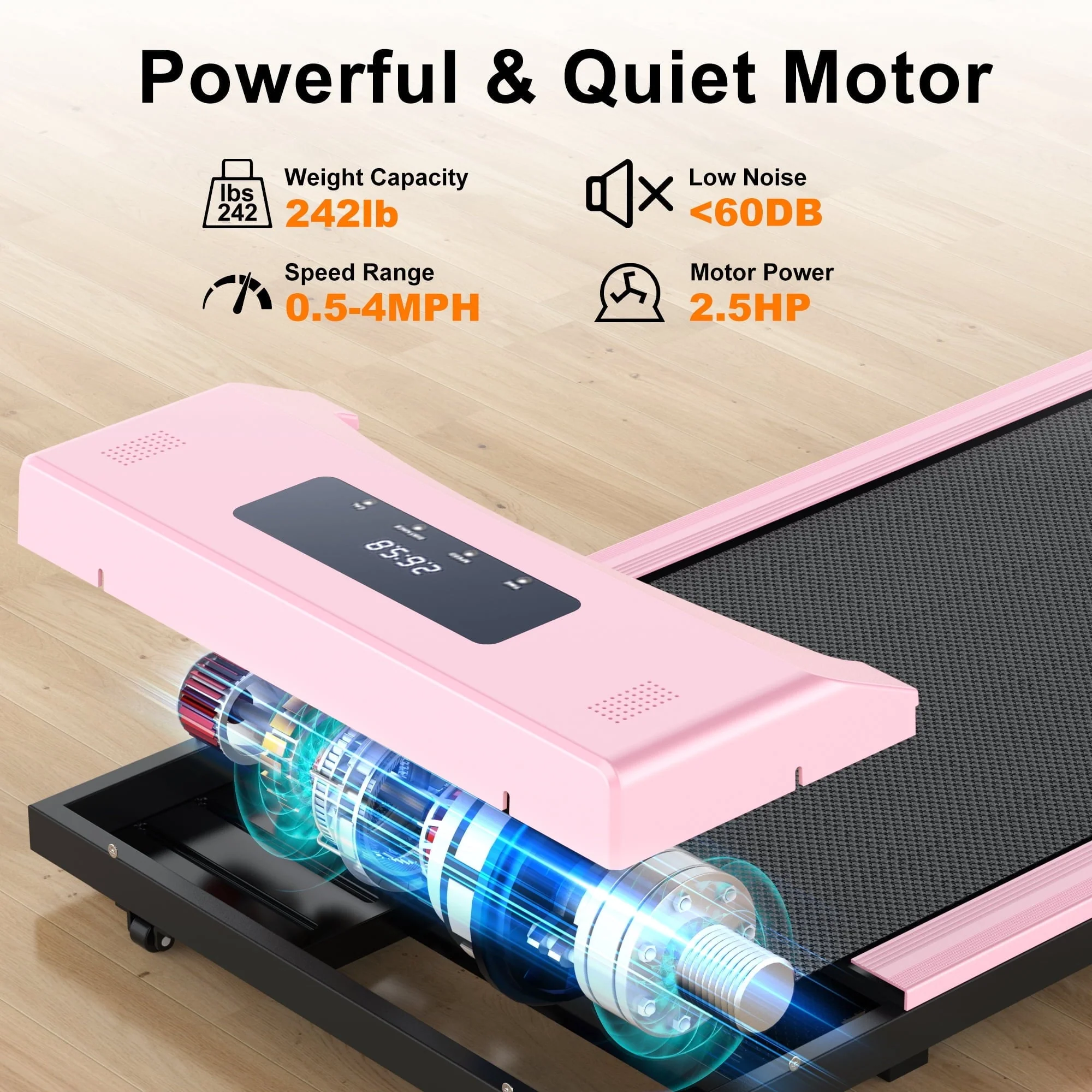 Adnoom Under Desk Treadmill,2.5HP Installation-Free Slim Flat Compact Treadmill,Electric Quiet Walking Treadmill with LED Display and Wireless Remote Control for Home/Office (pink)