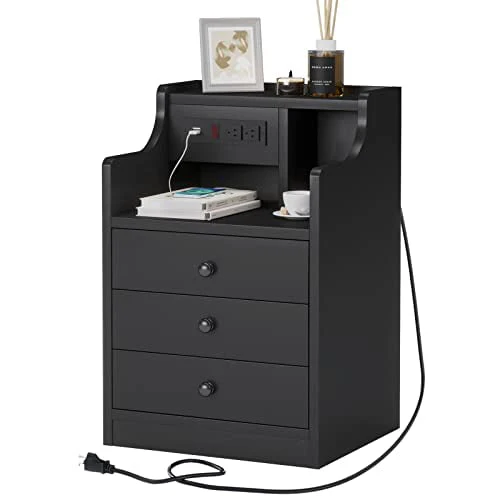 Nightstand with Charging Station, Night Stand with Hutch and Storage Drawers, White