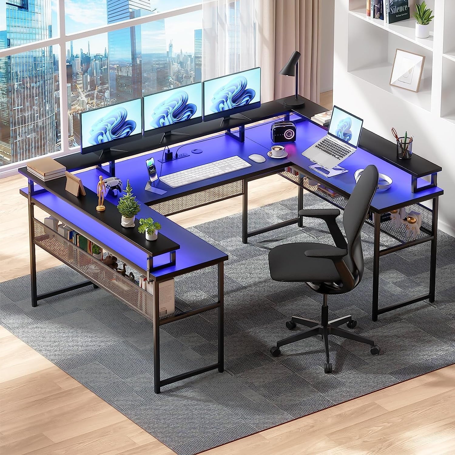 Homieasy U Shaped Desk with Power Outlet, 83 inch Reversible L-Shaped Gaming Desk with Monitor Stand and LED Strips, 2 Person Corner computer Desk with Storage Shelf for Home Office, Black