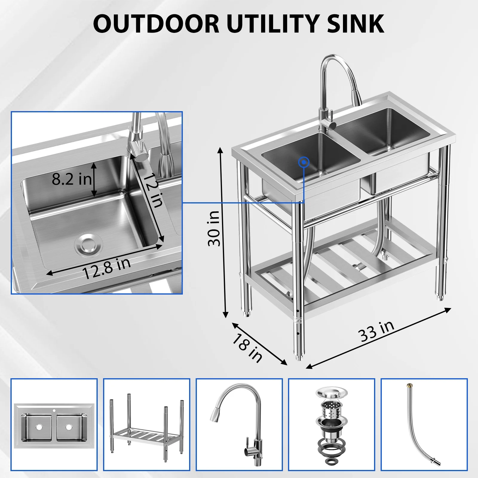 Danolapsi Stainless Steel Sink, Freestanding Double Bowl Laundry Sink with Hot & Cold Hoses, Outdoor Camping Utility Sink for Garage, Restaurant, Backyard