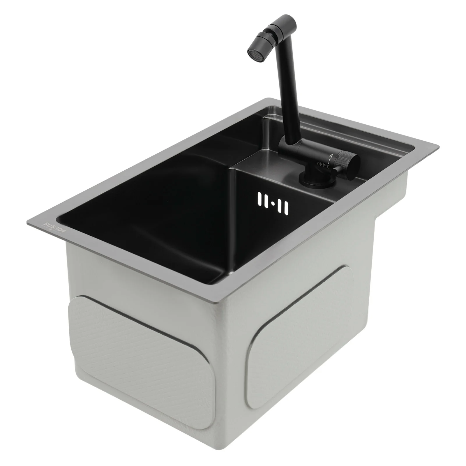 Modern Drop in Bar Sink, Single Bowl Kitchen Sink with Foldable Faucet, Black Nano 304 Stainless Steel Utility Sink for Compact Kitchen Commercial Hotel RV Laundry