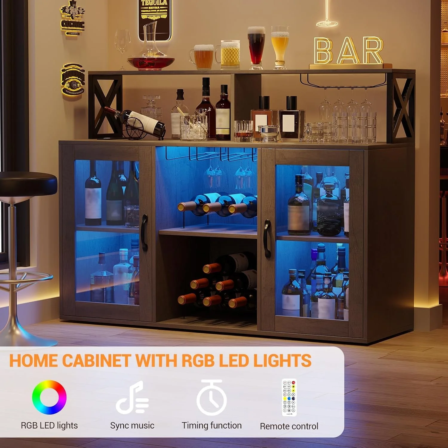 Luku Bar / Liquor Cabinet with Power Outlets Led Lights and Glass Holder, for Home, Kitchen, Gray
