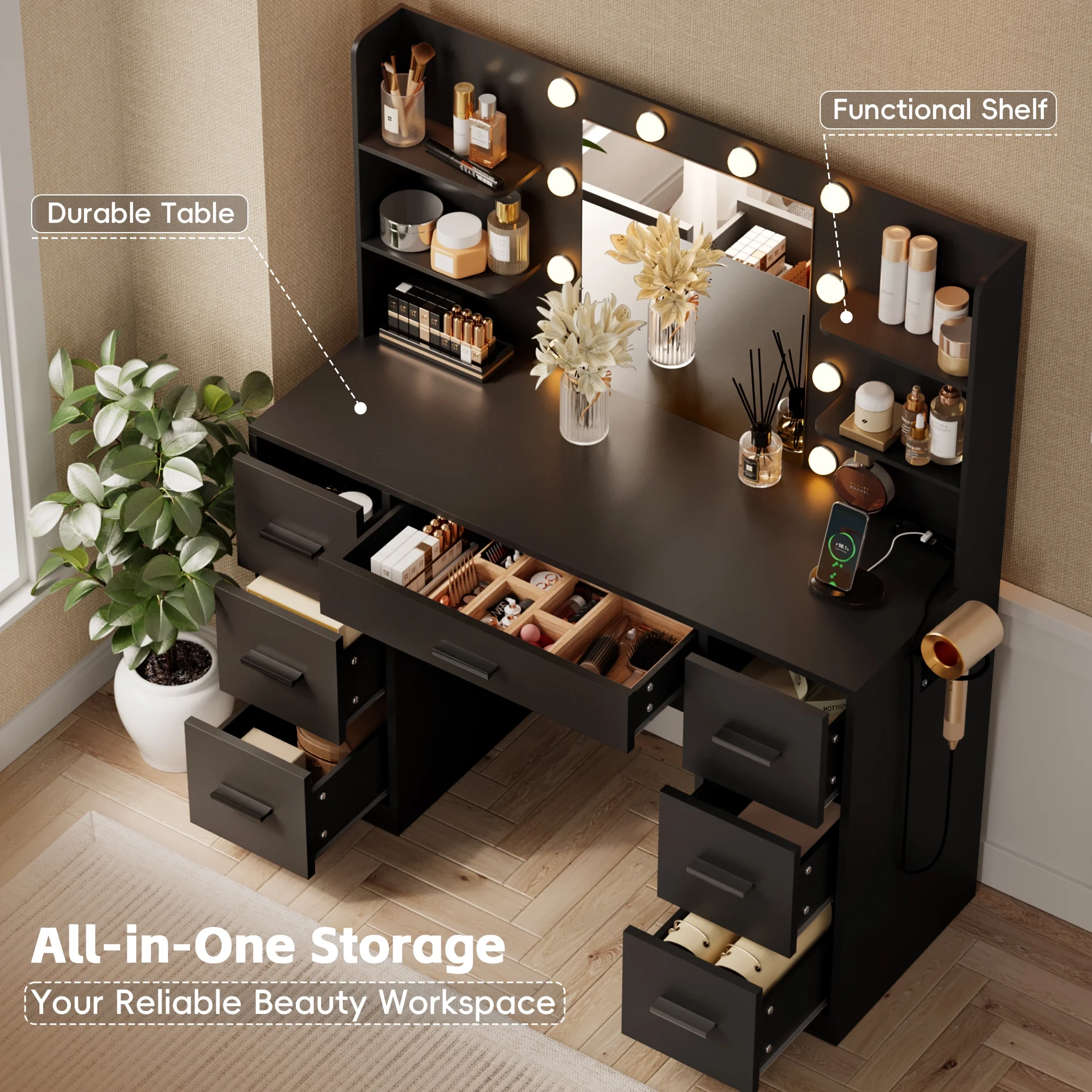 Lacoo Vanity Desk with Mirror and LED Lights, Makeup Vanity with 7 Drawers & 4 Shelves, Vanity Table with Power Outlet for Bedroom Dressing Room, White
