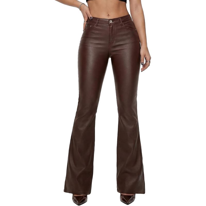 Women's Faux Leather Coated Flare Pants Mid Waist Black