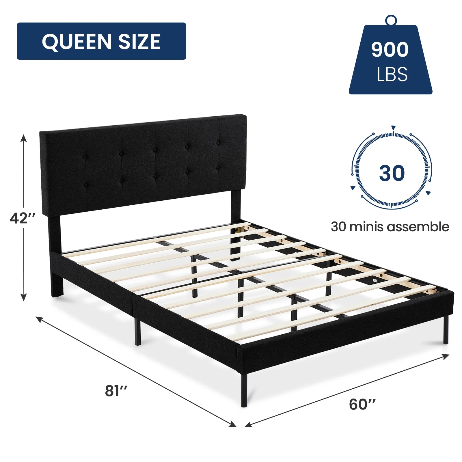 JUSTLET Queen Bed Frame, Upholstered Platform Bed Frame with Headboard for Adults, No Box Spring Needed, Black