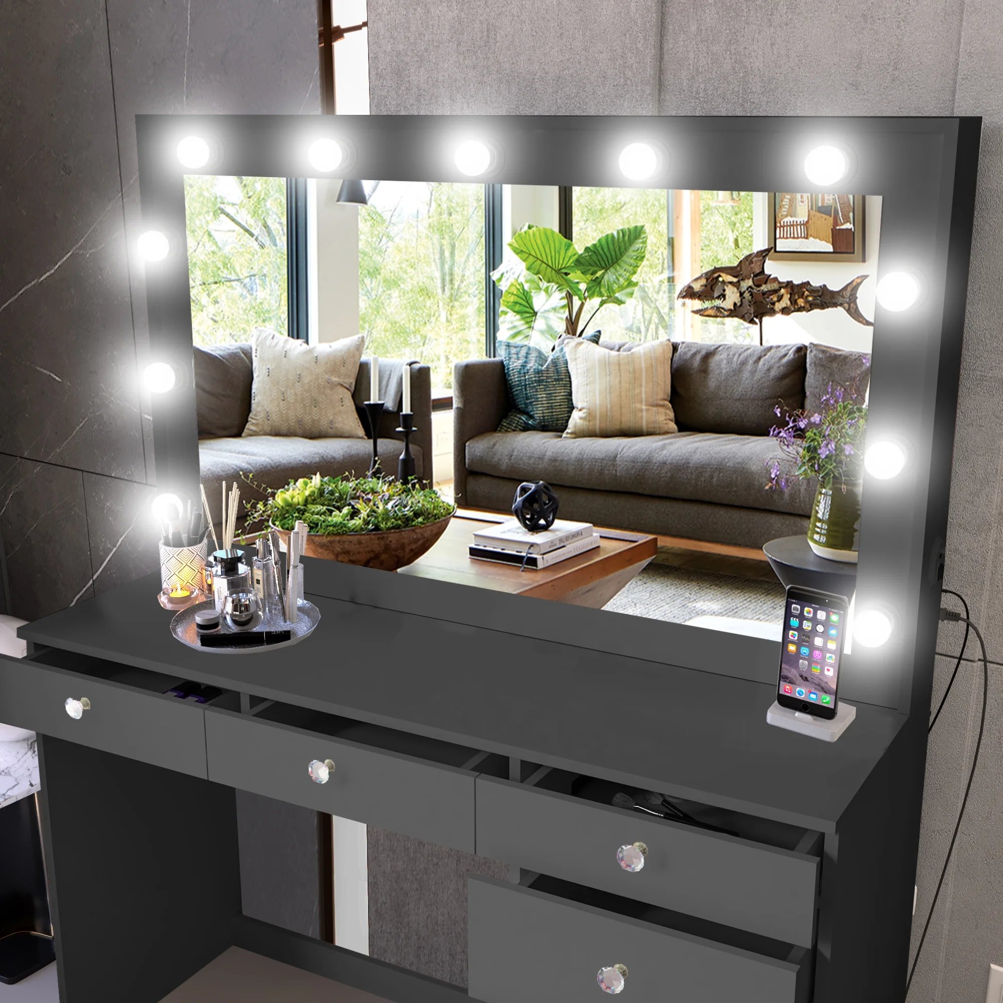 Ember Interiors Peggy Vanity Desk with Lighted Mirror and USB Ports