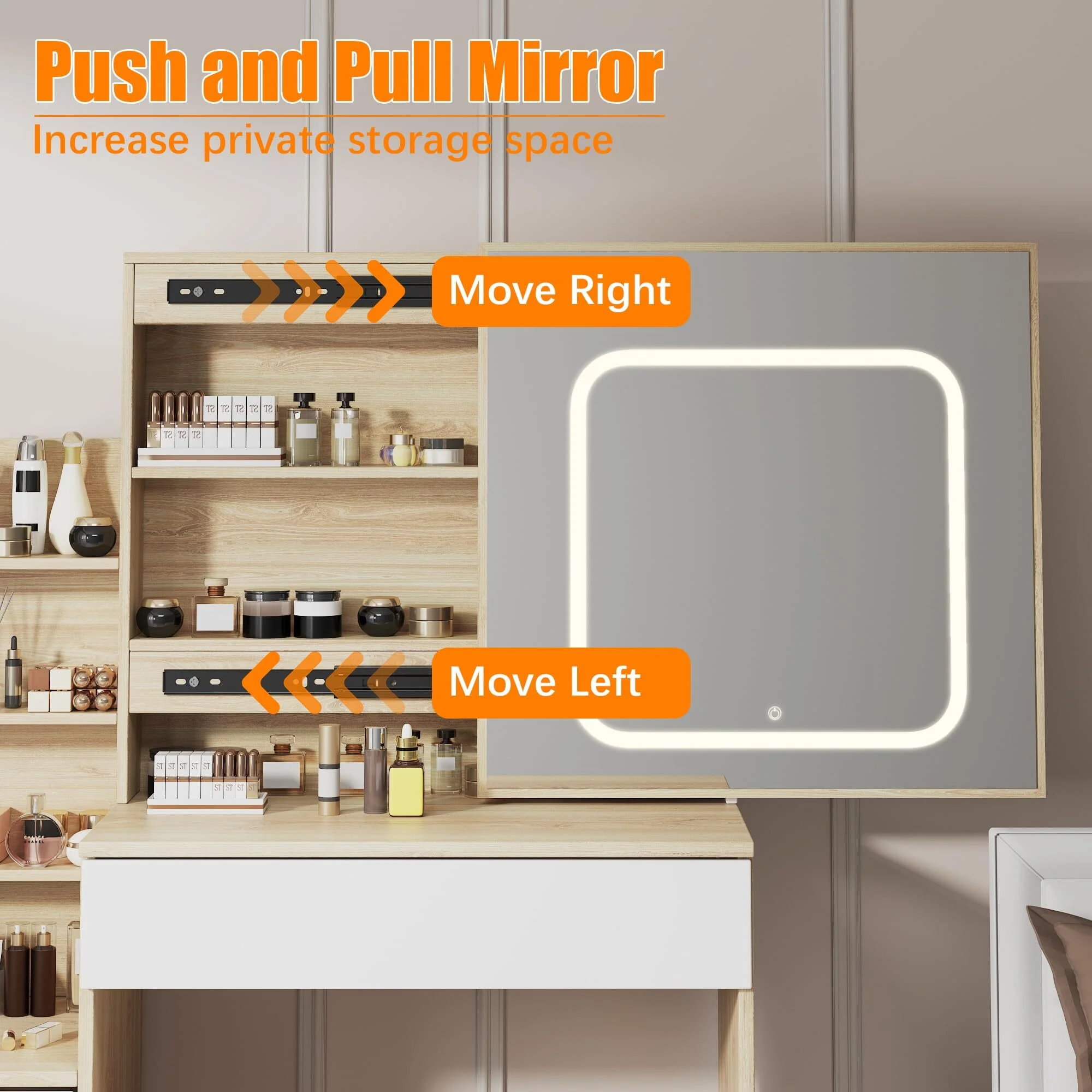 Vanity Desk with Sliding Mirror & Lights, Makeup Vanity Set with Charging Station 4 Drawers 7 Shelves, Large Vanity Set with Cushioned Stool for Bedroom, White