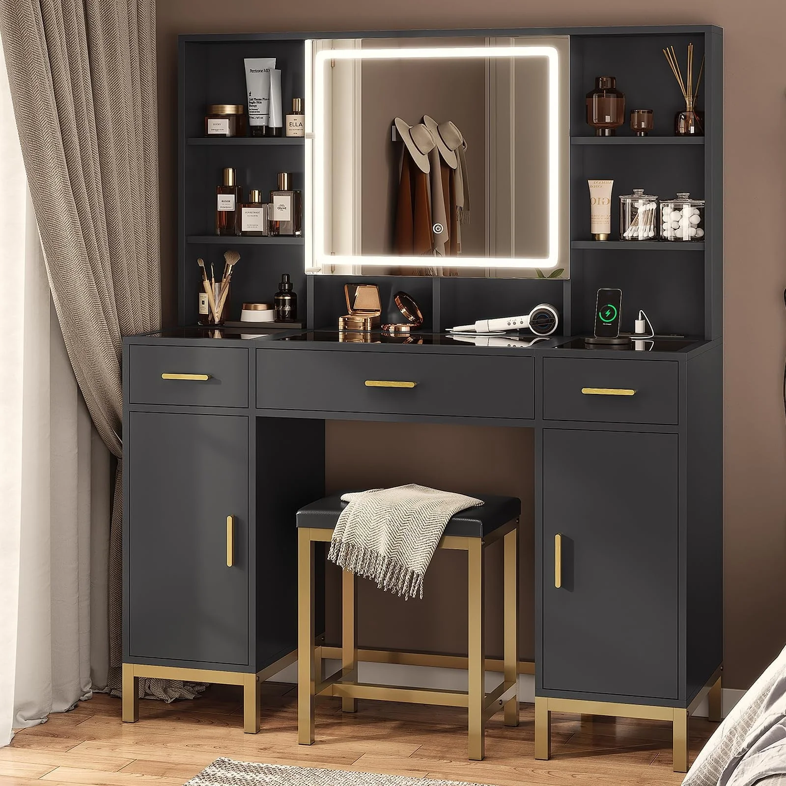 White Vanity Set Desk Table with 10 LED Lights & Charging Station & Sliding Mirror, Modern Makeup Vanity Desk Dressing Table with 5 Drawers for Bedroom, 10 LED Light Bulbs