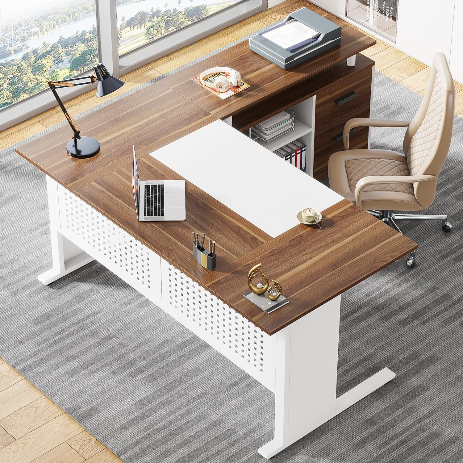 Tribesigns 63 Inch Executive Desk with File Cabinet, Large Office Desk L Shaped Computer Desk with Drawers and Storage Shelves, Business Furniture Desk Workstation for Home Office, Brown and Black