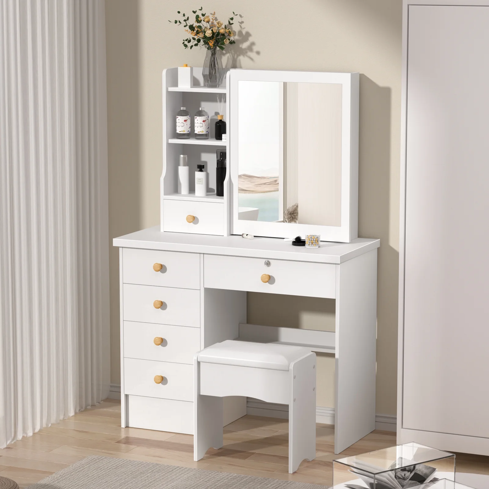Fogcroll Vanity Desk with Mirror, Makeup Vanity with 6 Drawers and 3 Open Shelves Modern Vanity Set Dressing Table for Bedroom 31.5