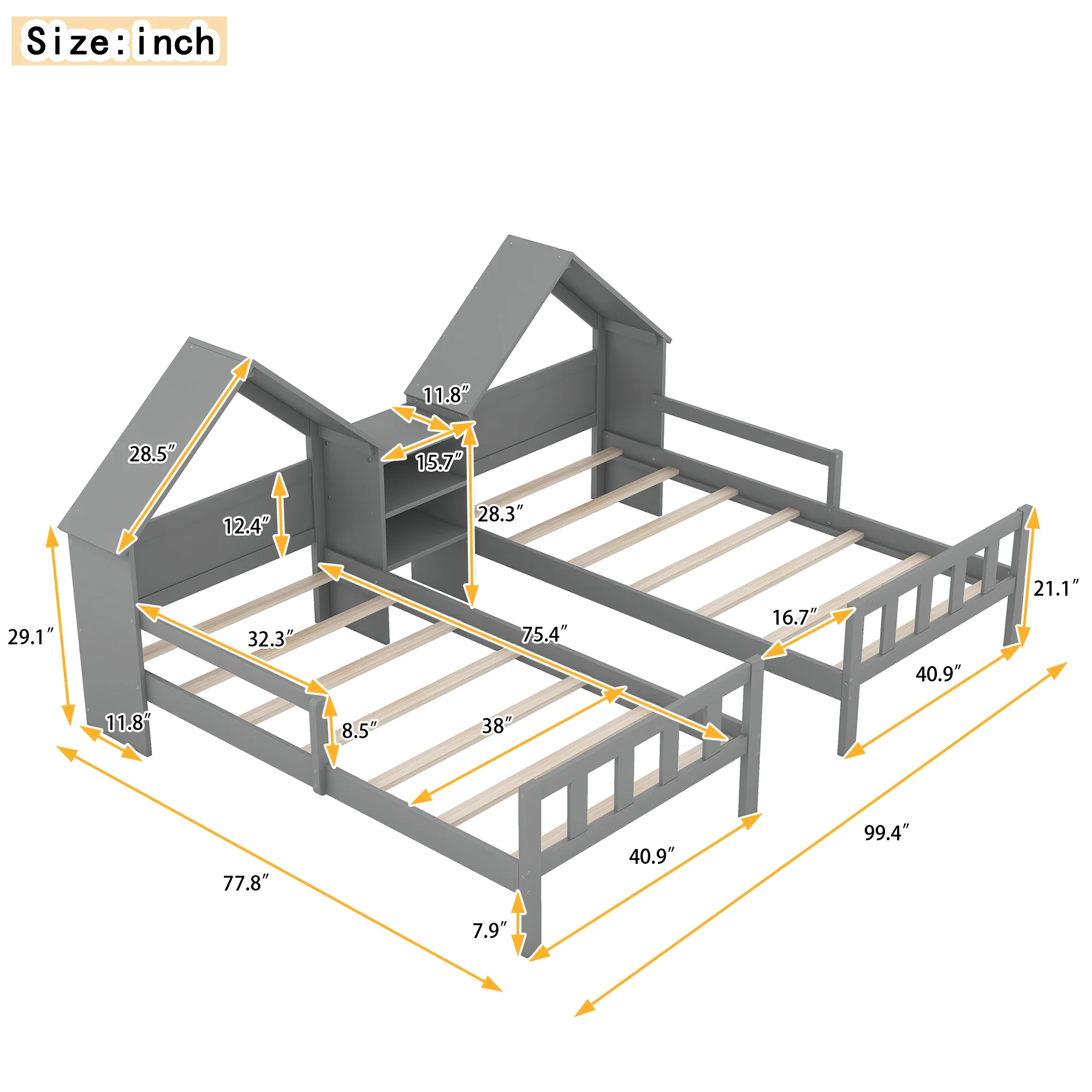 Euroco Twin Size Wood House Platform Bed, Two Beds in One with Desk and Shelf, 2 Platform Beds for More Kids Teens, Gray