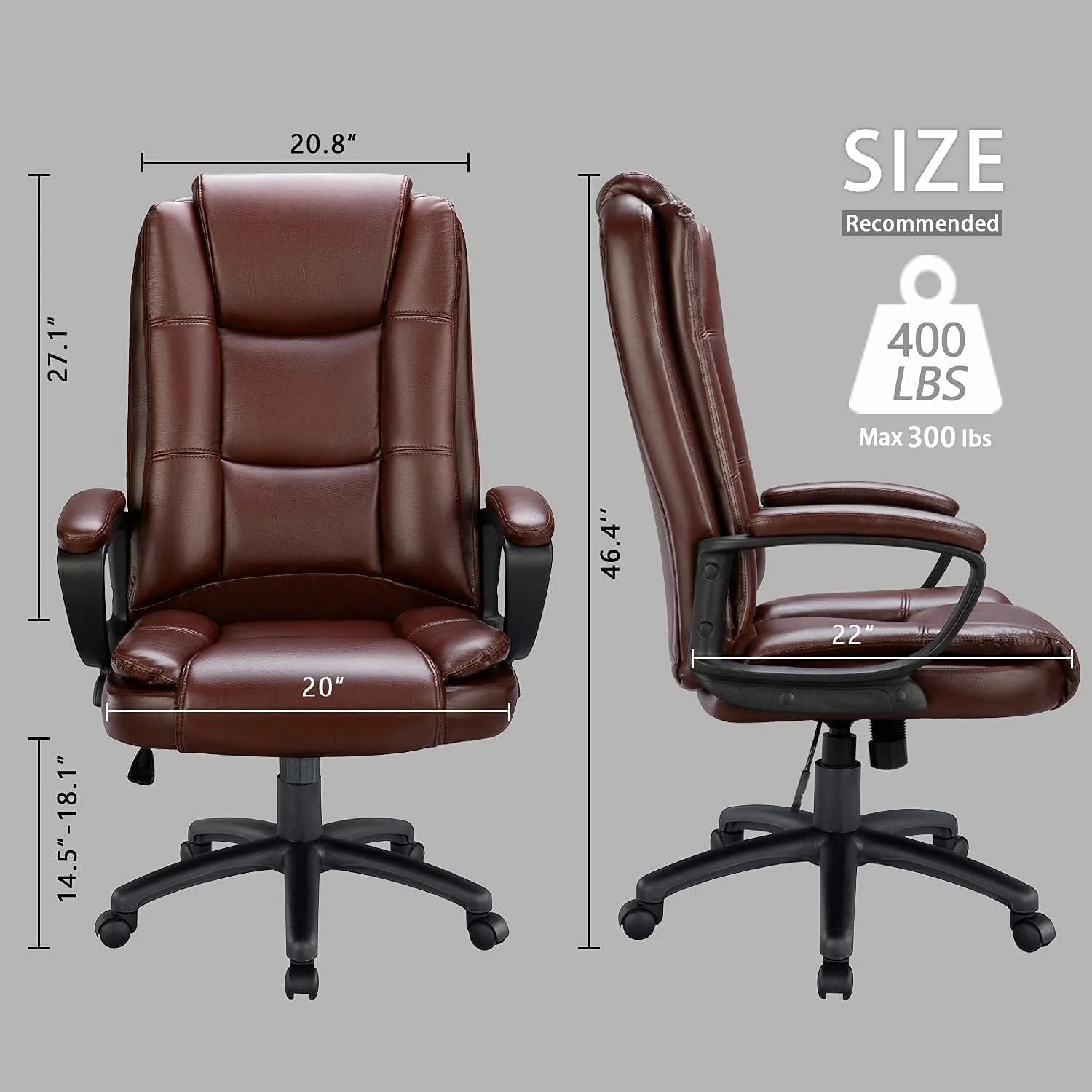 Waleaf Home Office Chair, 400LBS 8Hours Heavy Duty Design, Ergonomic High Back Cushion Lumbar Back Support, Computer Desk Chair, Big and Tall Chair, Adjustable Executive Leather Chair with Arms