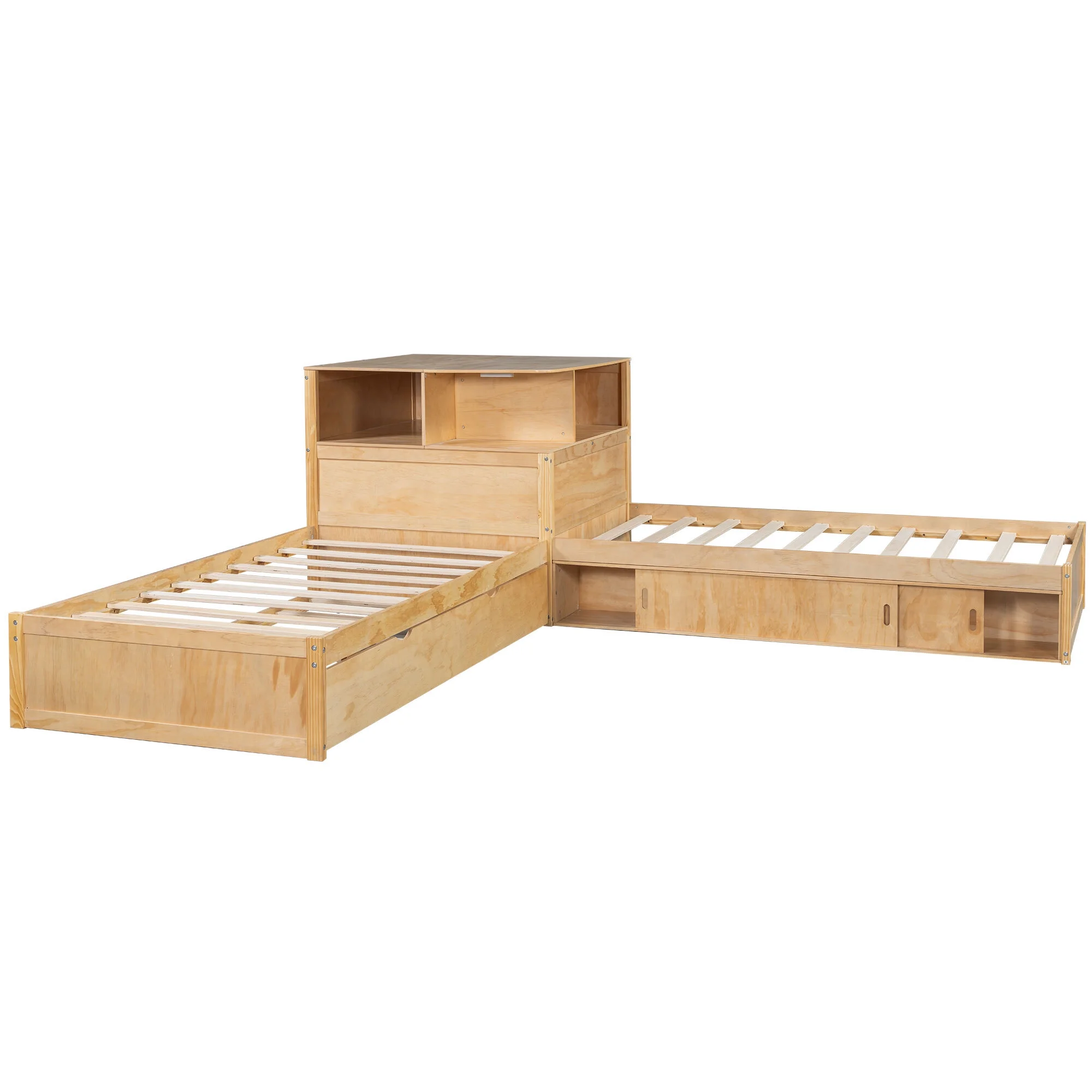 Euroco Pine Wood L-Shaped Twin Platform Bed with Storage Desk, Cabinets, Trundle and LED Light for Kids Teens, Gray