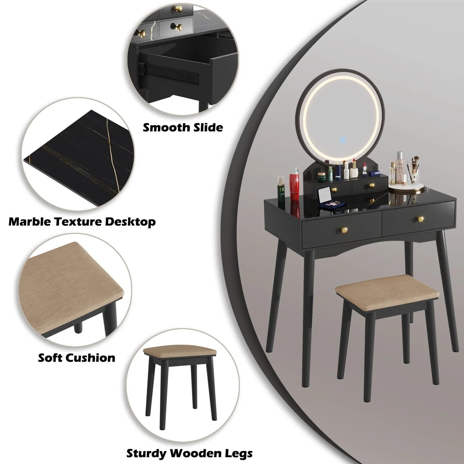 Furmax Vanity Table with Lighted Mirror, Vanity Desk with Stool, Dressing Table with 4 Drawers, Makeup Vanity Set, Black Finish, for Bedroom