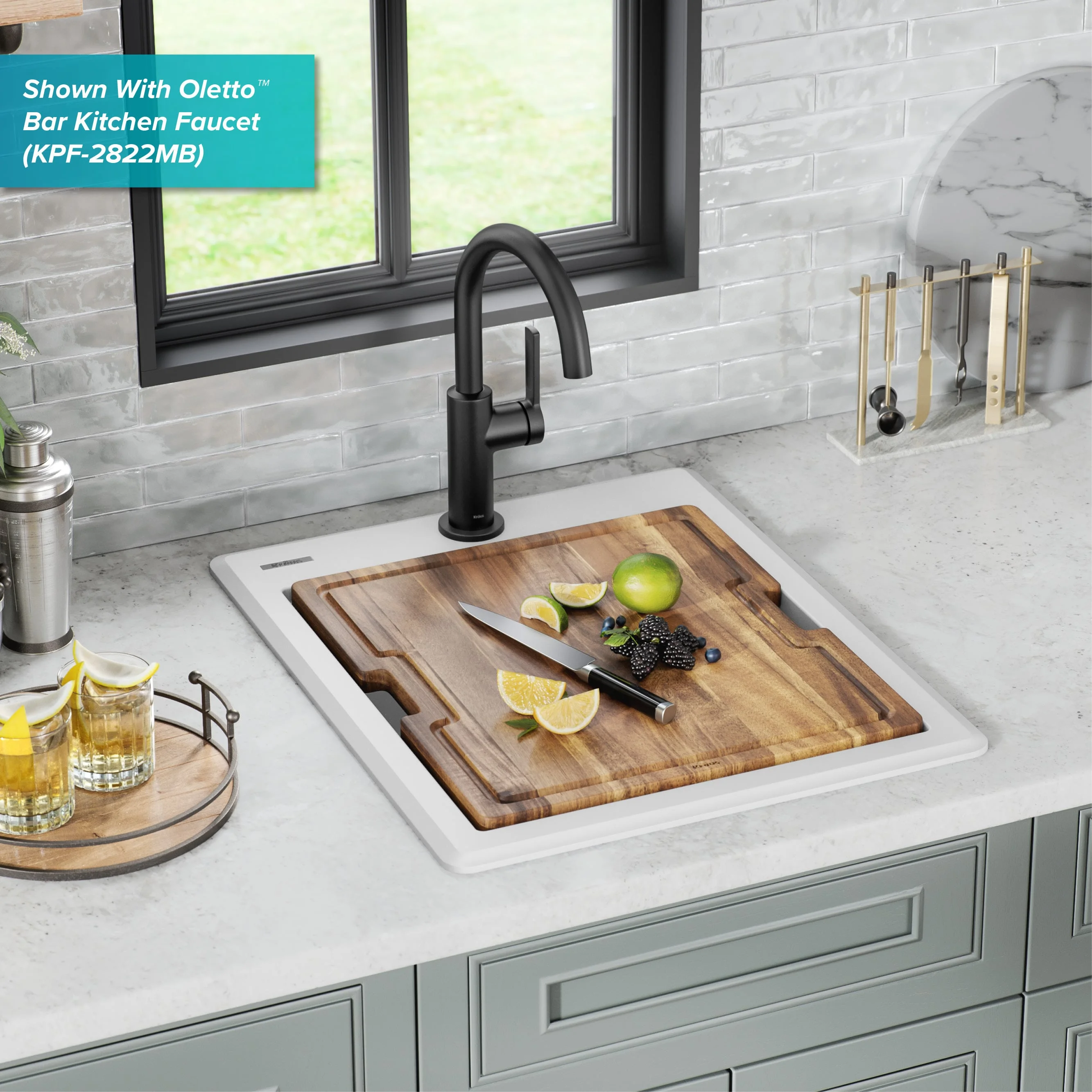KRAUS Bellucci 18 Granite Composite Workstation Drop-In Top Mount Single Bowl Kitchen Bar Sink in White with Accessories