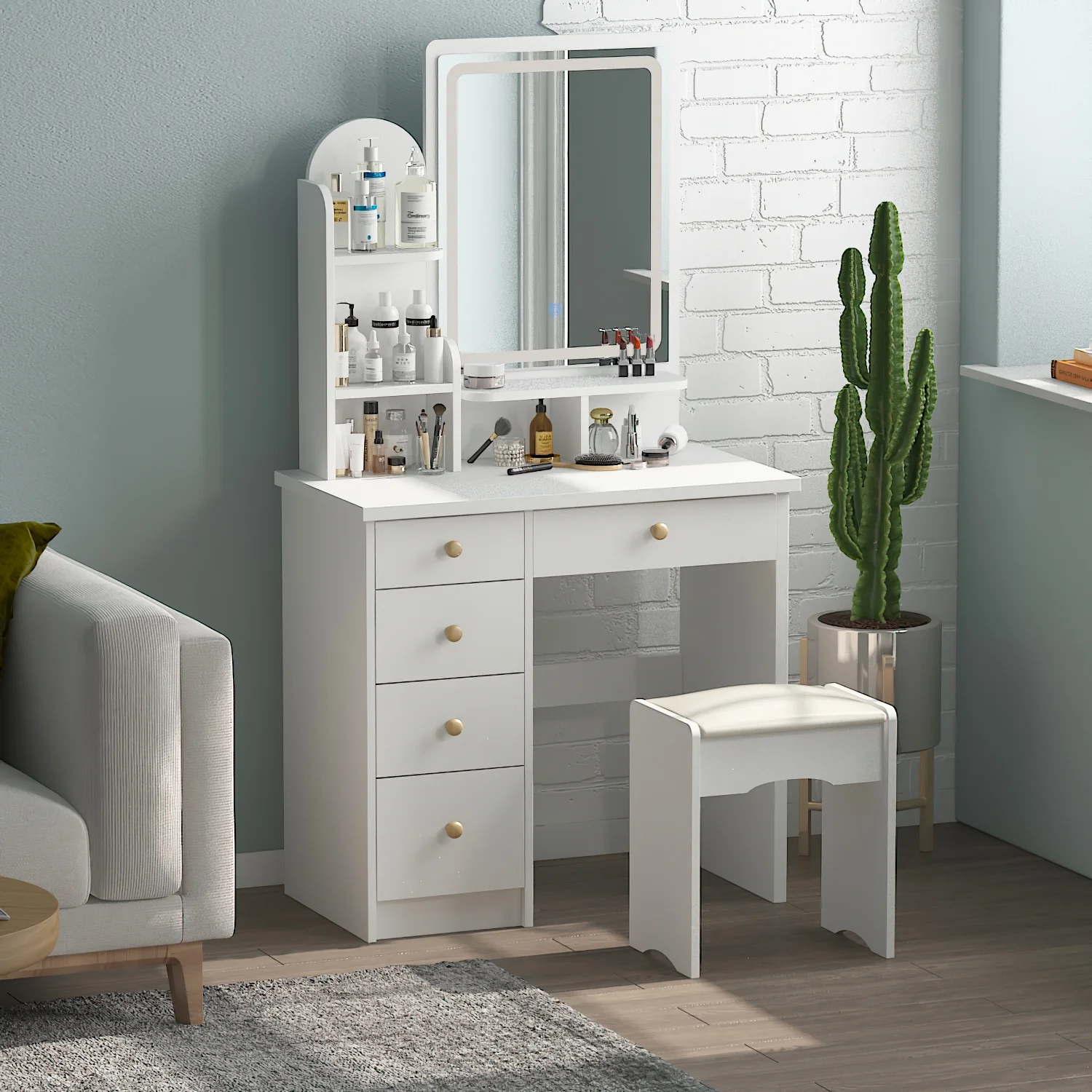 KULAGAGA Vanity Table Set with Light Mirror, Makeup Table with 3 Storage Shelves & 5 Drawers, Dressing Vanity Tables with , Dresser Desk for Girls, Women, White