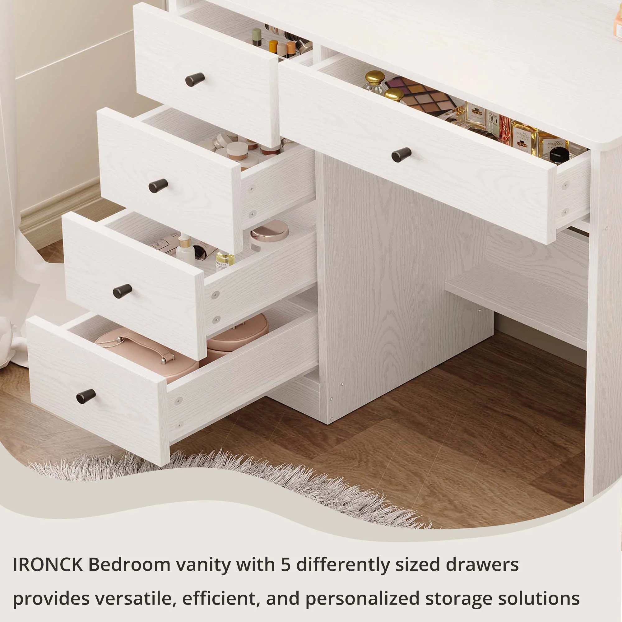 IRONCK White Vanity Set with Mirror and Lights, Makeup Vanity Desk with 5 Drawers & 2 Cabinets & Charging Station