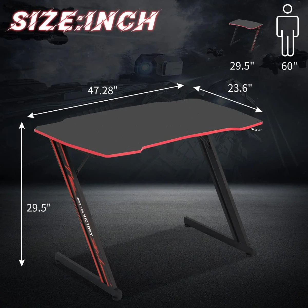 47 inch Z-Shaped Gaming Desk Computer Desk, Ergonomic Writing Office Desk Racing Style PC Gaming Table Workstation with Headphone Hook for Game Players, Red