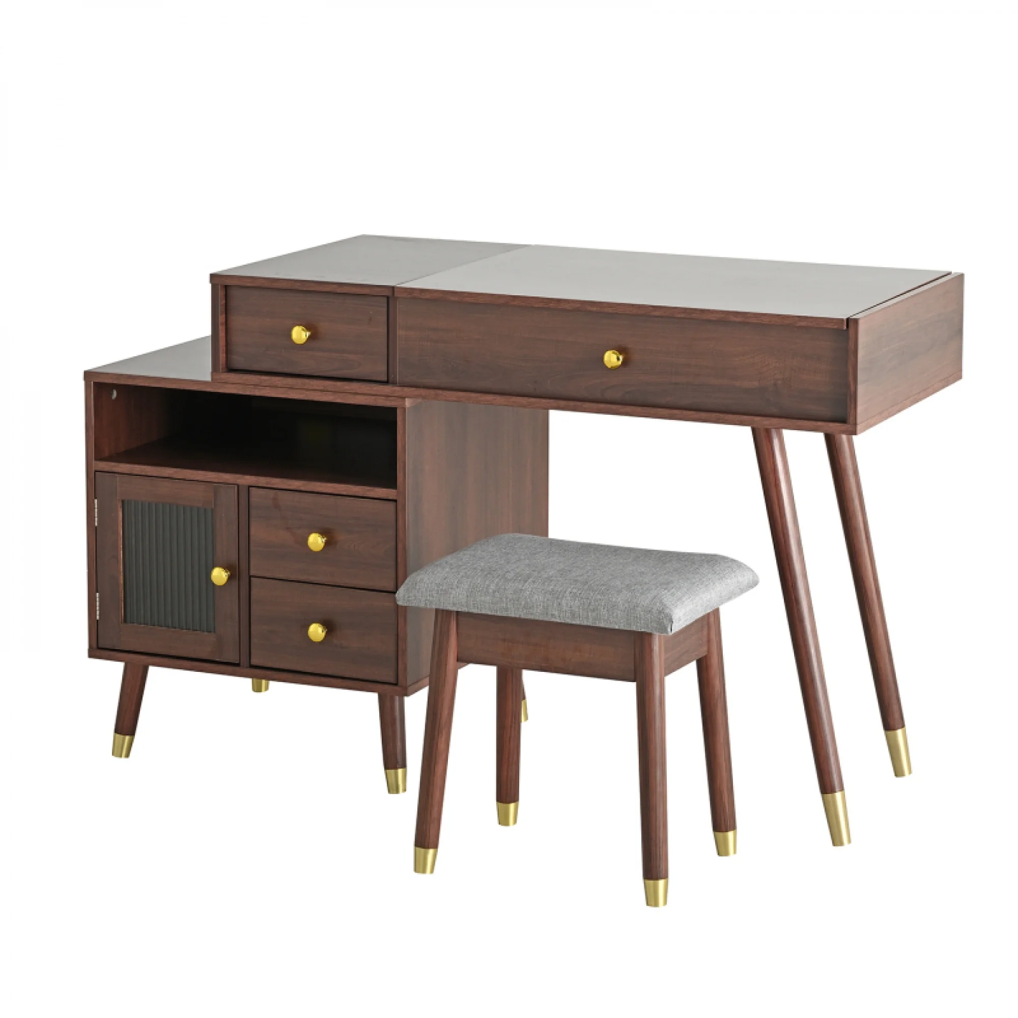 3-in-1 Vanity Desk with Lighted Flip-Top Mirror & Adjustable Cabinet, Makeup Dressing Table with Stool, Dresser with Drawers for Bedroom, White