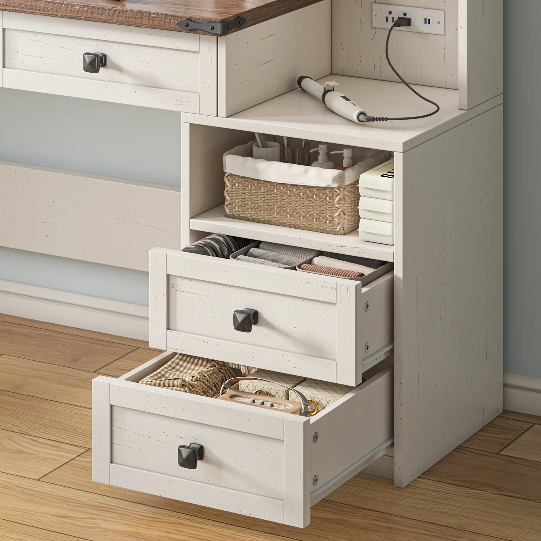 EnHomee Makeup Vanity Desk with Lighted Mirror Large Vanity with 4 Drawers Farmhouse Vanity Set with Mirror and Lights,White