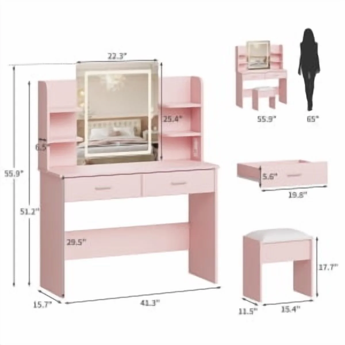 OYang Makeup Vanity Desk with Lighted Mirror and Stool, Vanity Table and Chair Set with 2 Storage Drawer 4 Shelves, Power Outlet, 3 Color Modes Adjustable LED Mirror & Stepless Dimmable for Bedroom