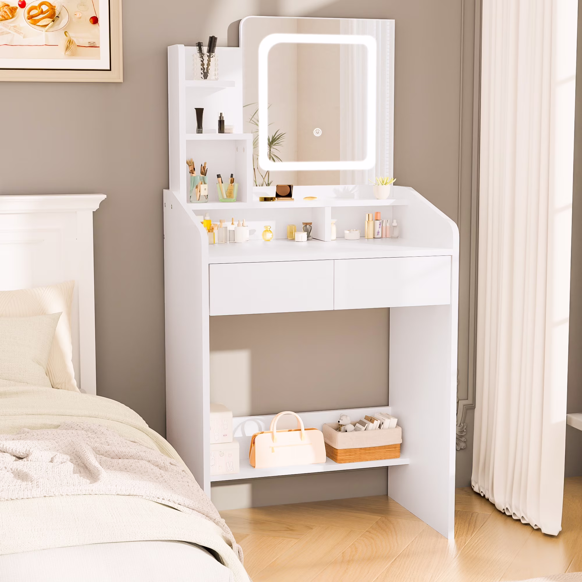 LIVELYGLOW Vanity Desk Set with Square Mirror and Light- Small Vanity Table with Drawers- White