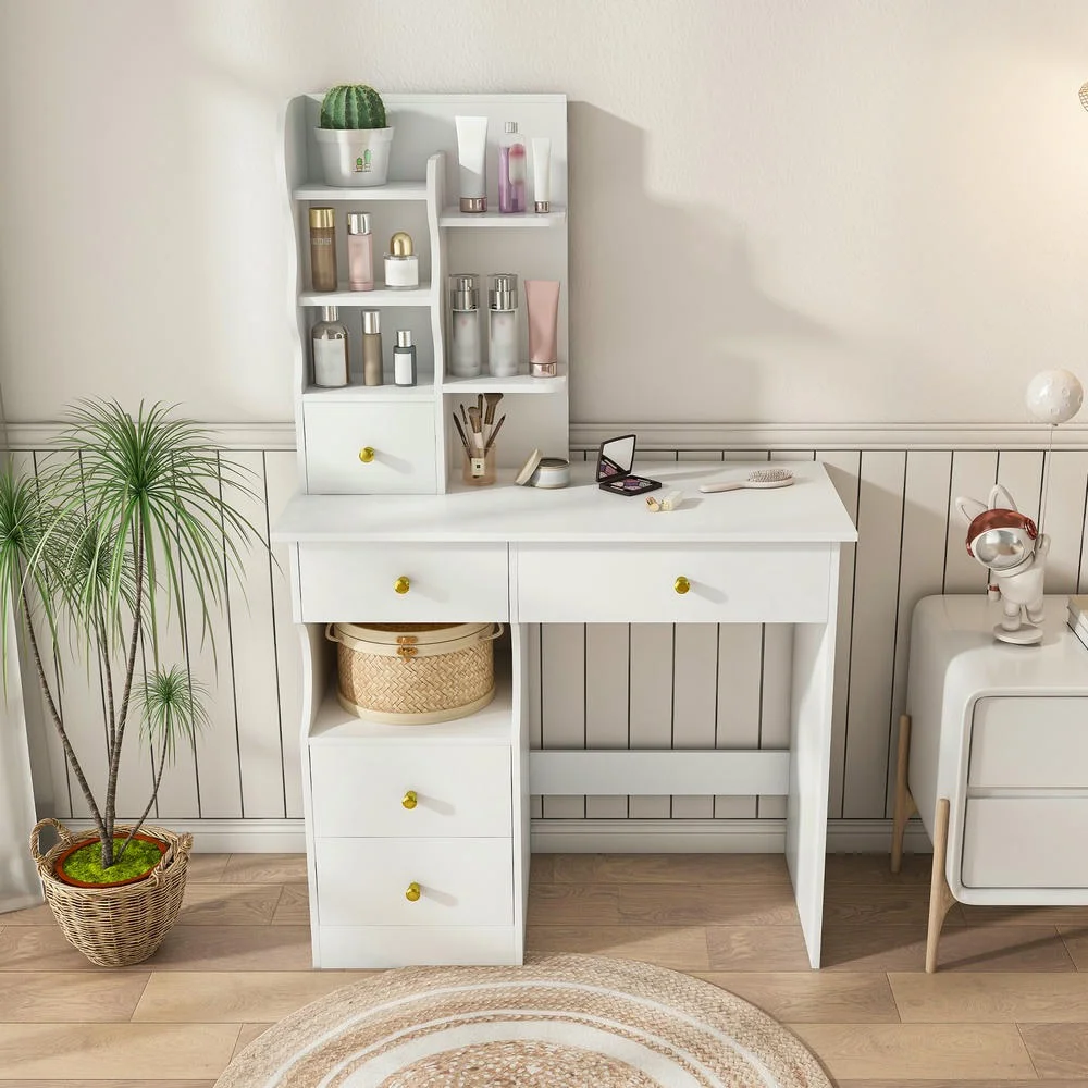 Kadyn Vanity Desk with Lighted Mirror, Vanity Table and Chair Set with 2 Drawers, Dressing Table Makeup Desk with 1 Door, Retro Gray