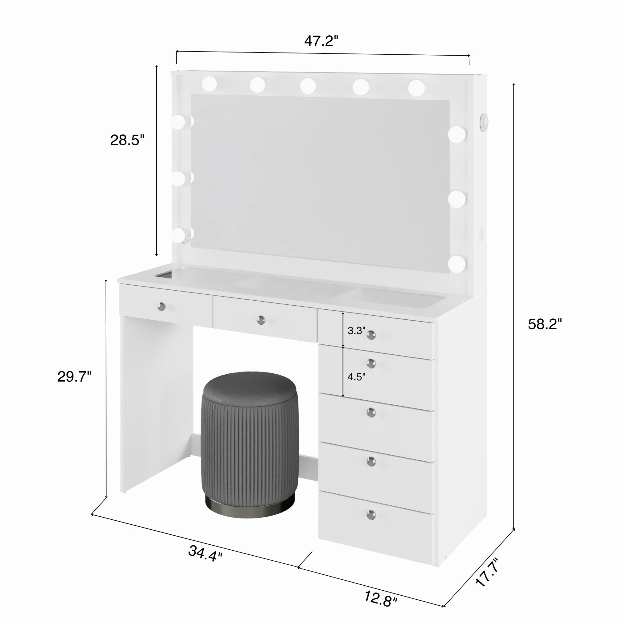 Ember Interiors Modern Large Greige Makeup Vanity Desk with Built-in Lights, Power Outlet with USB Type-C, Glass Top, 7 Drawers and Crystal Knobs
