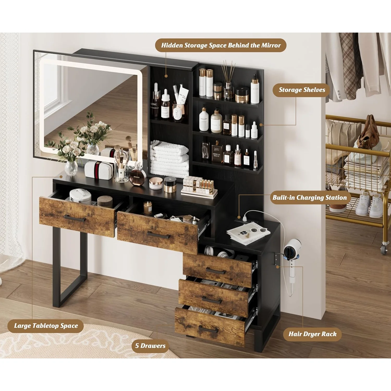 Vanity Desk with Adjustable LED Lighted Sliding Mirror,Makeup Vanity with 5 Drawers&Open Shelves for Bedroom