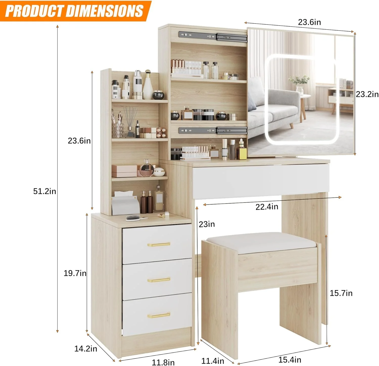 Vanity Desk with Sliding Mirror and Lights, Makeup Vanity Set with Power Outlet, 4 Drawers, Stool, Open Shelves, 3 Color Lighting Modes, Brightness Adjustable, Makeup Dressing Table for Bedroom
