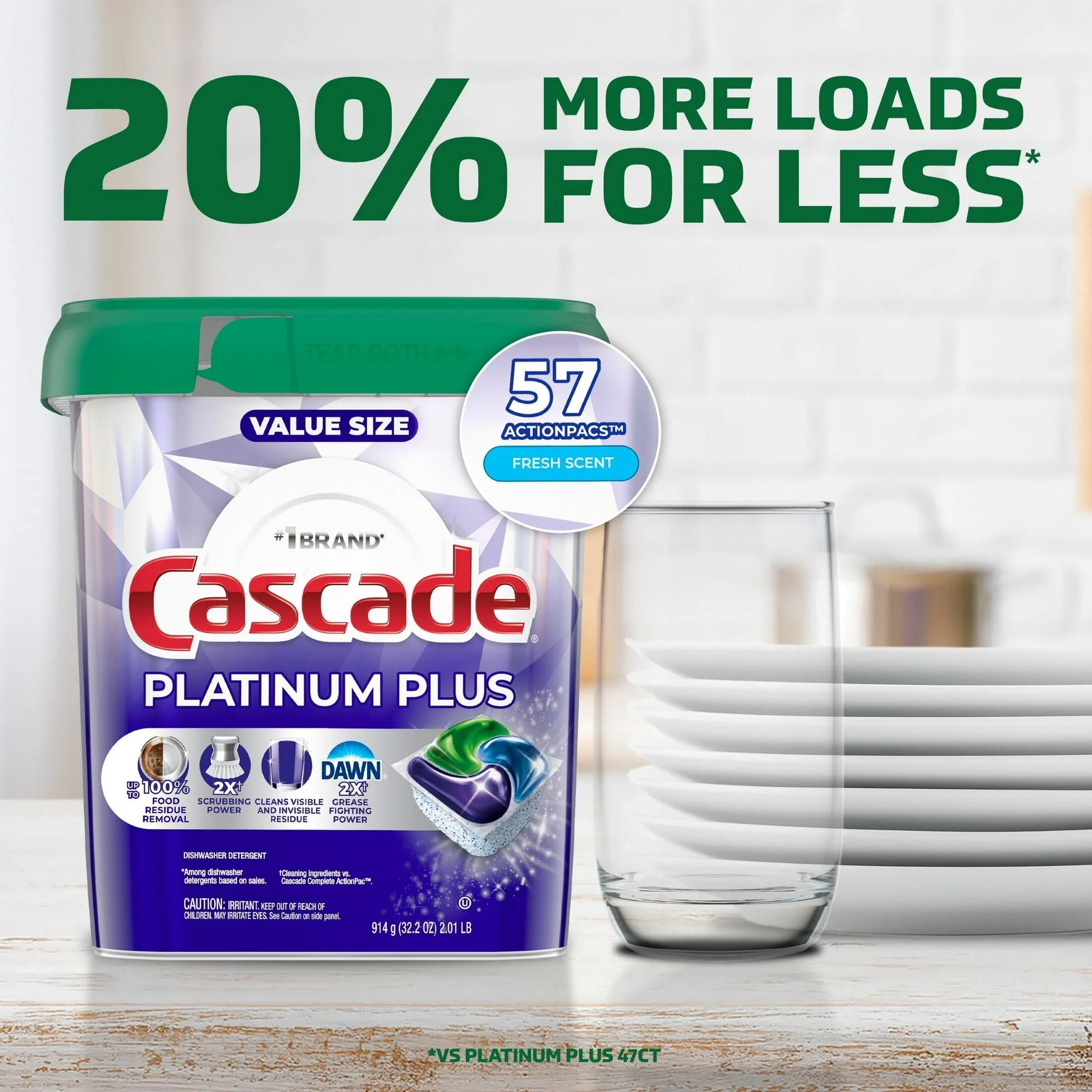 Cascade Platinum Plus Dishwasher Pods, Action Pacs Dishwasher Detergent Tabs, Fresh, 57 Count (Pack of 2)