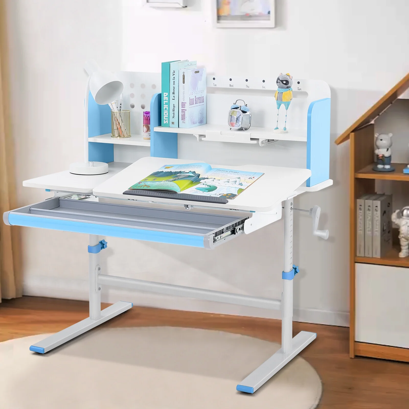 Adjustable Height Ergonomic Kids Study Desk & Chair Set Children Students Drafting Table Home School with Shelf,Drawer(Gray)